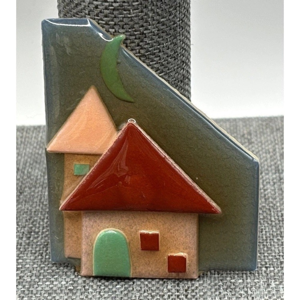 Vintage House Pins by Lucinda Ceramic House Brooch Moon Red Roof Green Door